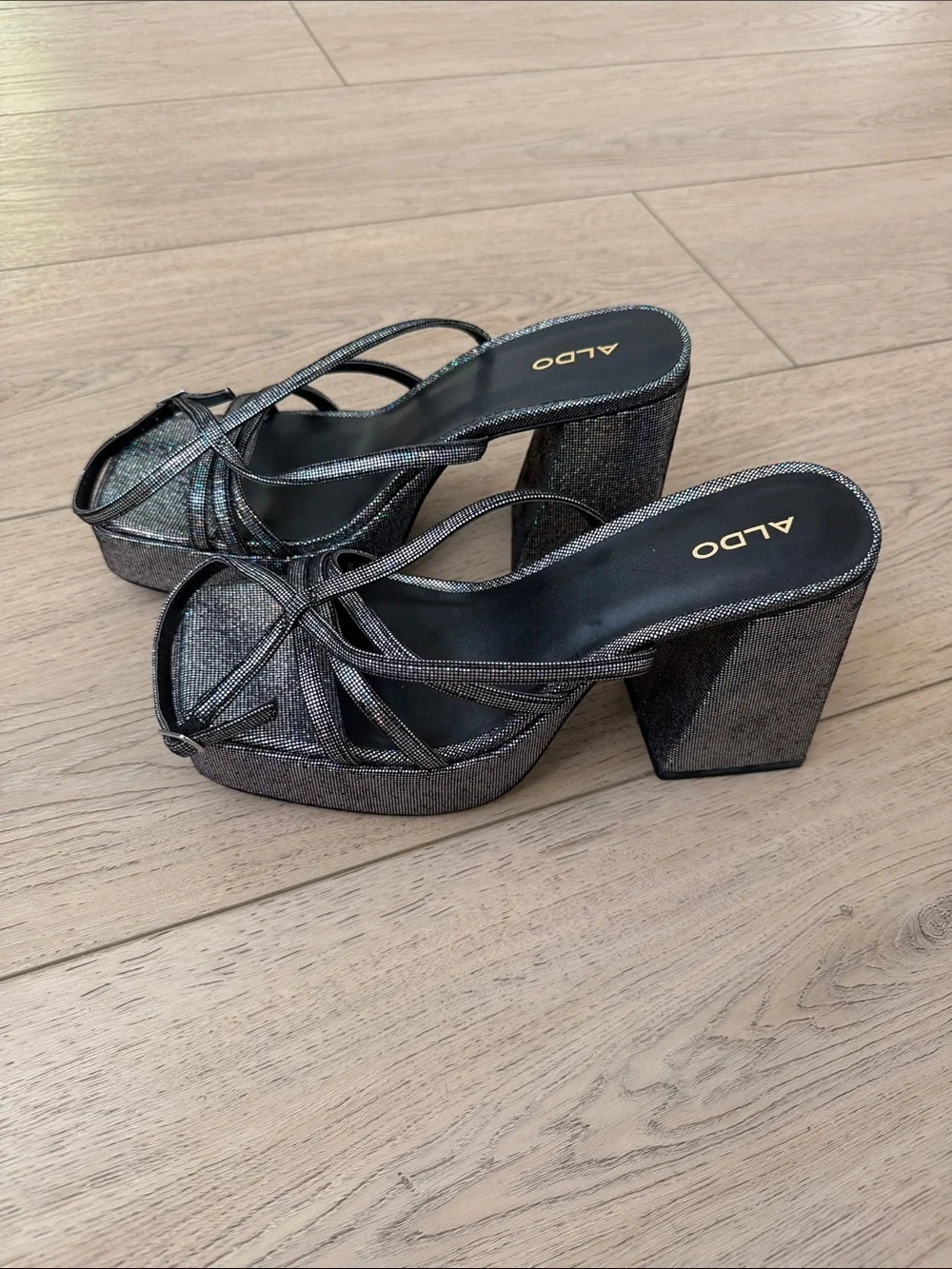 Aldo Gunmetal Metallic Platform Block Heel Sandals